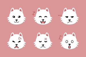Set of cute character white dog faces showing different emotions vector