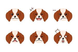 Set of cute character cavalier king charles spaniel dog faces showing different emotions vector