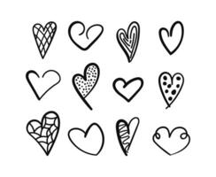 Doodle Hearts in black color set. Hand drawn Love symbol with pattern inside. Happy Valentine Day decoration for greeting cards and banners. vector