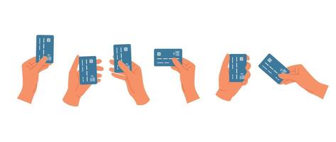 Set of hands holding plastic credit card. Different gestures. Wireless payment concept vector