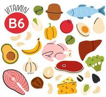 Groups of healthy products containing vitamin B6. Set of fruits, vegetables, meats, fish and nuts vector