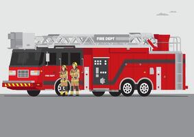 firefigthers male and female standing with complete uniform helmet gears in front of red color fire engine truck vector