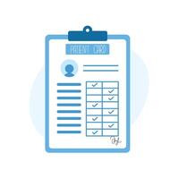 Graphic illustration of a medical patient card on a clipboard, featuring checklist tables and text vector