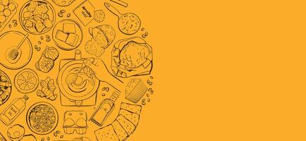 Cooking Classes Template with Food Ingredients and Tools Doodles on Orange Background vector