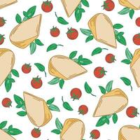 Cheese triangles, tomatoes and basil seamless pattern vector