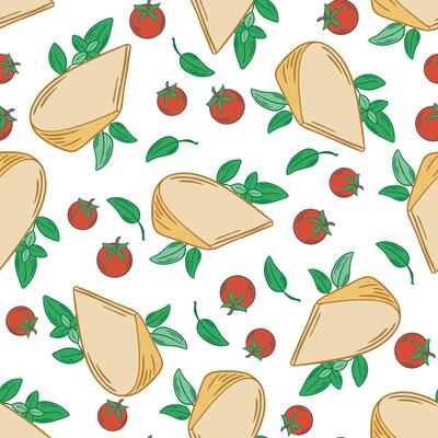 Cheese triangles, tomatoes and basil seamless pattern