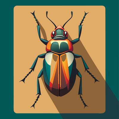 A beetle with a long shadow on a green background