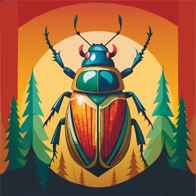 A beetle with a red and green color scheme on a background of trees