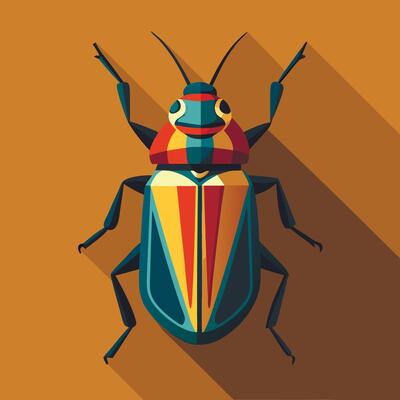 A colorful bug with long shadow on a brown background