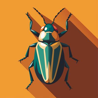 A beetle with long shadow on an orange background