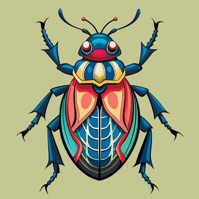 A colorful bug with a red and blue body