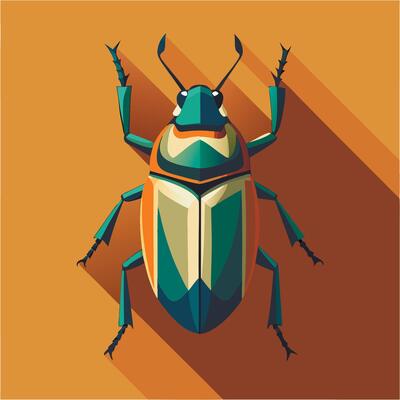 A beetle with long shadow on an orange background