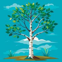 A birch tree with green leaves and grass on a blue background vector