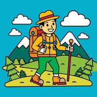 A man with a backpack and hiking poles is walking in the mountains vector