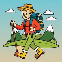 A man with a backpack and hiking poles is walking in the mountains vector