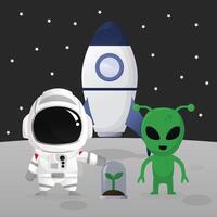 Astronaut landing in the moon with rocket meeting alien give plant chibi cute flat art simple illustration big head with detail and moveable part perfect for kids book cover or design asset vector