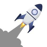 Space rocket aircraft art flat design with simple style flying to the sky with boost smoke vector