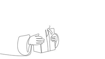 Self-drawing of Santa with gift one line. 2D animation of drawing a chocolate bar over the fireplace video