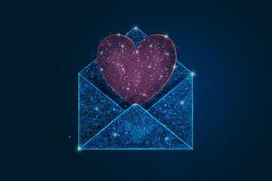 Abstract isolated image of a letter, mail or message with red heart. Polygonal illustration looks like stars in the blask night sky in spase or flying glass shards. vector