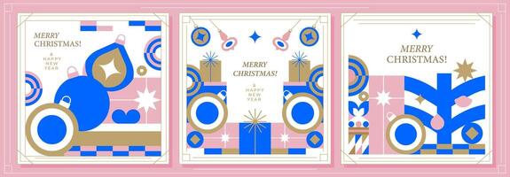 A set of modern minimalist Christmas cards. Elegant design with abstract geometric elements, Christmas decorations and gifts creates a festive mood. Ideal for greetings, invitations and advertising vector