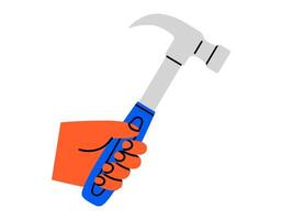Hand drawn cute cartoon illustration of hand with hammer. Flat repair tool in human arm doodle style. Support service hardware icon. Settings or fix problem. Find solution. Isolated. vector