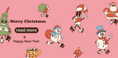 Web page design template. Retro cartoon Christmas characters on a pink background. Happy new years vector