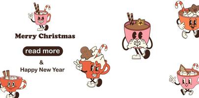 Web page design template. Retro cartoon cups of hot chocolate with marshmallows and candy canes, designed as Christmas mascot characters. Happy new years vector