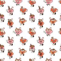 Seamless pattern with retro cartoon cups of hot chocolate with marshmallows and candy canes, designed as Christmas mascot characters vector