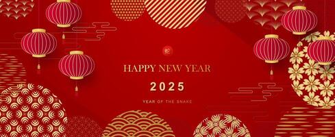 Chinese New Year 2025, Year of the Snake, zodiac. Chinese New Year banner template with flowers, clouds and traditional patterns vector