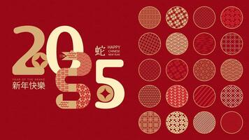 Chinese New Year 2025, Year of the Snake. Chinese New Year banner template with snake and traditional patterns on red background. Translation from Chinese Happy New Year, zodiac sign is snake. vector