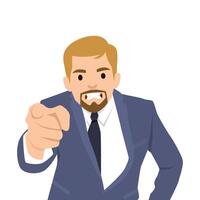 Angry man points finger at screen and screams furiously, blaming you for problems. vector