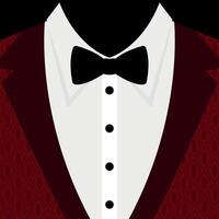 Red tuxedo suit with tied bow. Red tuxedo with geometric pattern and black bow tie vector