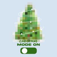 Cute green flat pixel Christmas tree with balls and garland. Pixel art Christmas card. Christmas Mode ON text. illustration for game asset, motion graphic vector