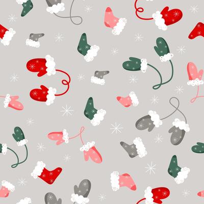Christmas Santas hand drawn socks and mittens with eco fur, snowflakes seamless pattern.