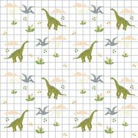 Seamless plaid pattern with cute dino, dinosaur Brachiosaurus and flying Pterodactyl with clouds and bushes, abstract children background vector