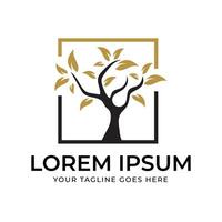 Tree Illustration in Unique Frame with Gold Leaves Design Premium vector