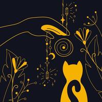 Mystical composition with ritual and cat color. Outline illustration. vector