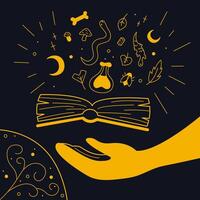 Mystical composition with a book color. Outline illustration. vector