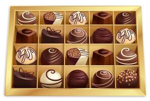 A variety of a sweet chocolates in a box. Top view vector