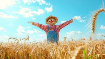 Joyful Scarecrow Celebrating Abundant Harvest in Sunny Wheat Field photo