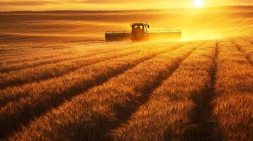 A tractor harvesting a vast golden wheat field at sunset photo