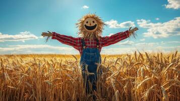Joyful Scarecrow Celebrating Abundant Harvest in Sunny Wheat Field photo