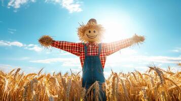 Joyful Scarecrow Celebrating Abundant Harvest in Sunny Wheat Field photo