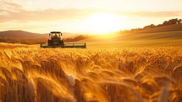 A tractor harvesting a vast golden wheat field at sunset photo