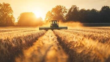 A tractor harvesting a vast golden wheat field at sunset photo