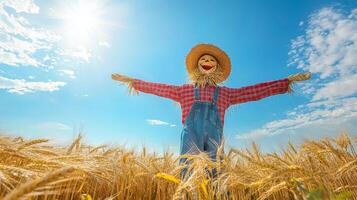 Joyful Scarecrow Celebrating Abundant Harvest in Sunny Wheat Field photo