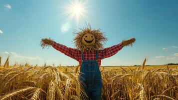 Joyful Scarecrow Celebrating Abundant Harvest in Sunny Wheat Field photo