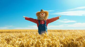 Joyful Scarecrow Celebrating Abundant Harvest in Sunny Wheat Field photo