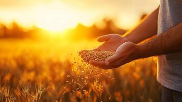 A farmer's hand holding grains of wheat against a backdrop of a golden wheat field during sunset, symbolizing harvest. photo
