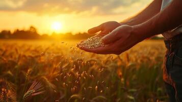 A farmer's hand holding grains of wheat against a backdrop of a golden wheat field during sunset, symbolizing harvest. photo